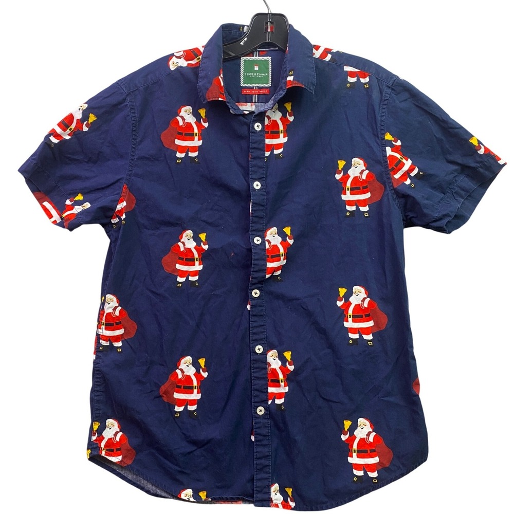 Denim & Flower Ricky Singh Shirt Mens‎ Medium Santa Claus AOP Festival Button Up